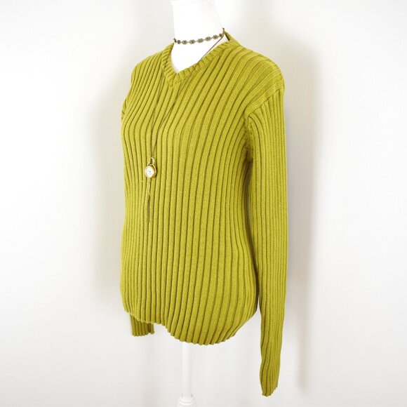 VTG 00s Y2K Conwell Green Ribbed Knit V Neck Long Sleeve Sweater Sz M Grunge - Picture 2 of 6